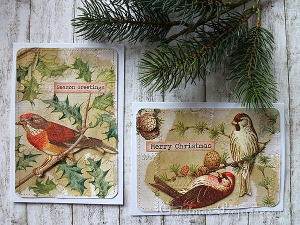 Collaged Patchwork Christmas Cards With Birds